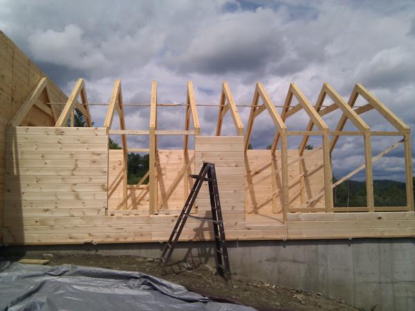 Another view of the one story rafters, with the wall sheathing partially installed.