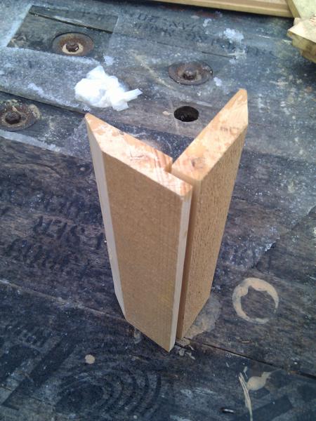 We're planning on covering the corners of the house with trim made from siding boards ripped in half and beveled at 30 degrees on one side.  One board will need to have its tongue deepened to fit over the other board. The picture shows a test mockup of the trim profile.