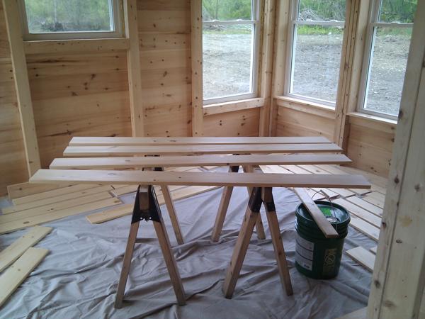 We're also applying PolyWhey to the pine boards we're going to be using to make window sills and trim.  It'll be less messy to do this before they're nailed in place.