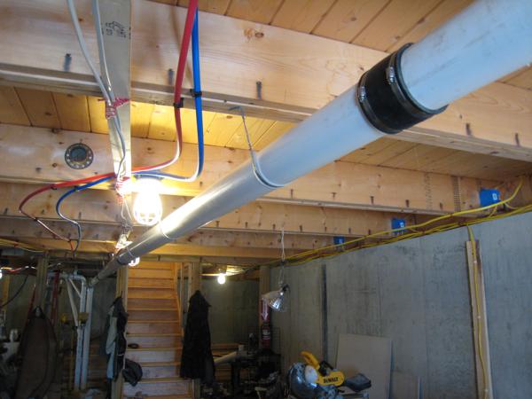 The radon pipe runs along the basement ceiling for about 40 feet.