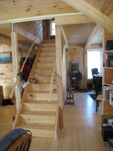 Stairs with railings made from ash and maple saplings cut on our woodlot.