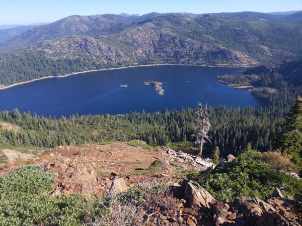 There's a longer trail to Upper Rock Lake from Loney Meadow that traverses around Bowman Mountain.  From the high point there are some long views to the north.  Below is Bowman Lake,  a large reservoir that is reached by a rough jeep road.  I'll probably not try to visit the lake; it doesn't look like a good camping spot, due to the jeeps and artificial shoreline.