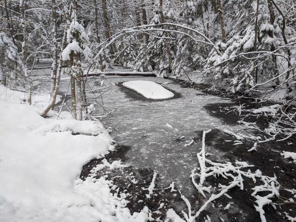 Pond with ice and rock island