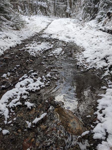 Melting snow on snowmobile trail