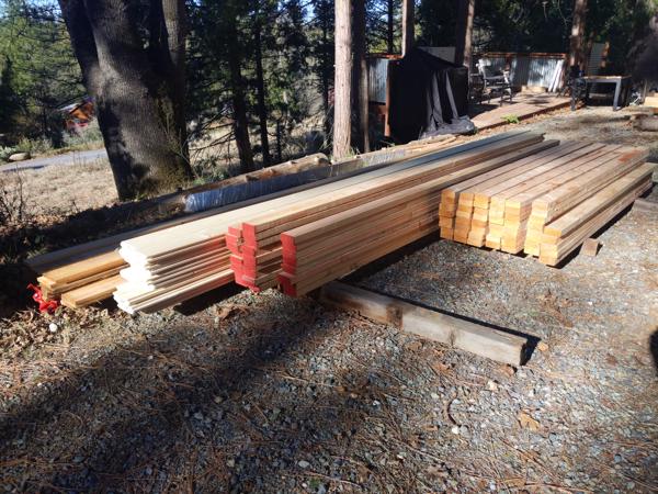 The first delivery of wood: 1x4, 1x6, 2x4, 2x6 tongue and groove decking