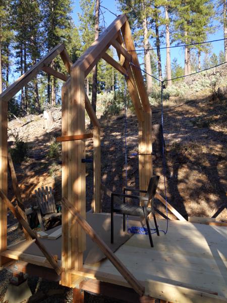 The fourth bent had to be pushed up against the third one to make room for assembling the last bent.  Then I walked it slowly into its final position, as seen in the next three pictures.