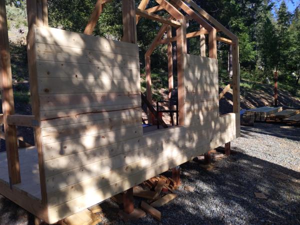 Finally, the rainy season is over and I can resume work.  Here is the sheathing exterior.  The sheathing is 1x6 tongue and groove pine nailed to the outside of the posts.