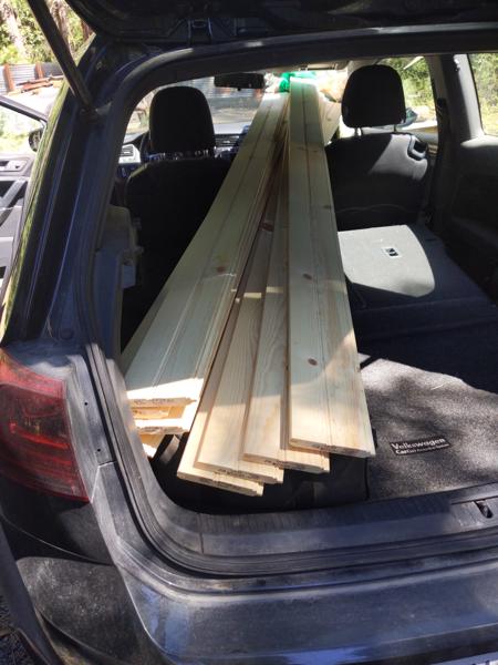 I ran out of sheathing boards, so drove to the lumber store and loaded 18 eight-foot boards into my little VW hatchback.  No pickup truck needed.