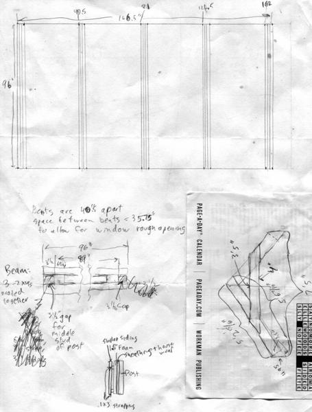 Scribbled notes about overall layout and rafters.